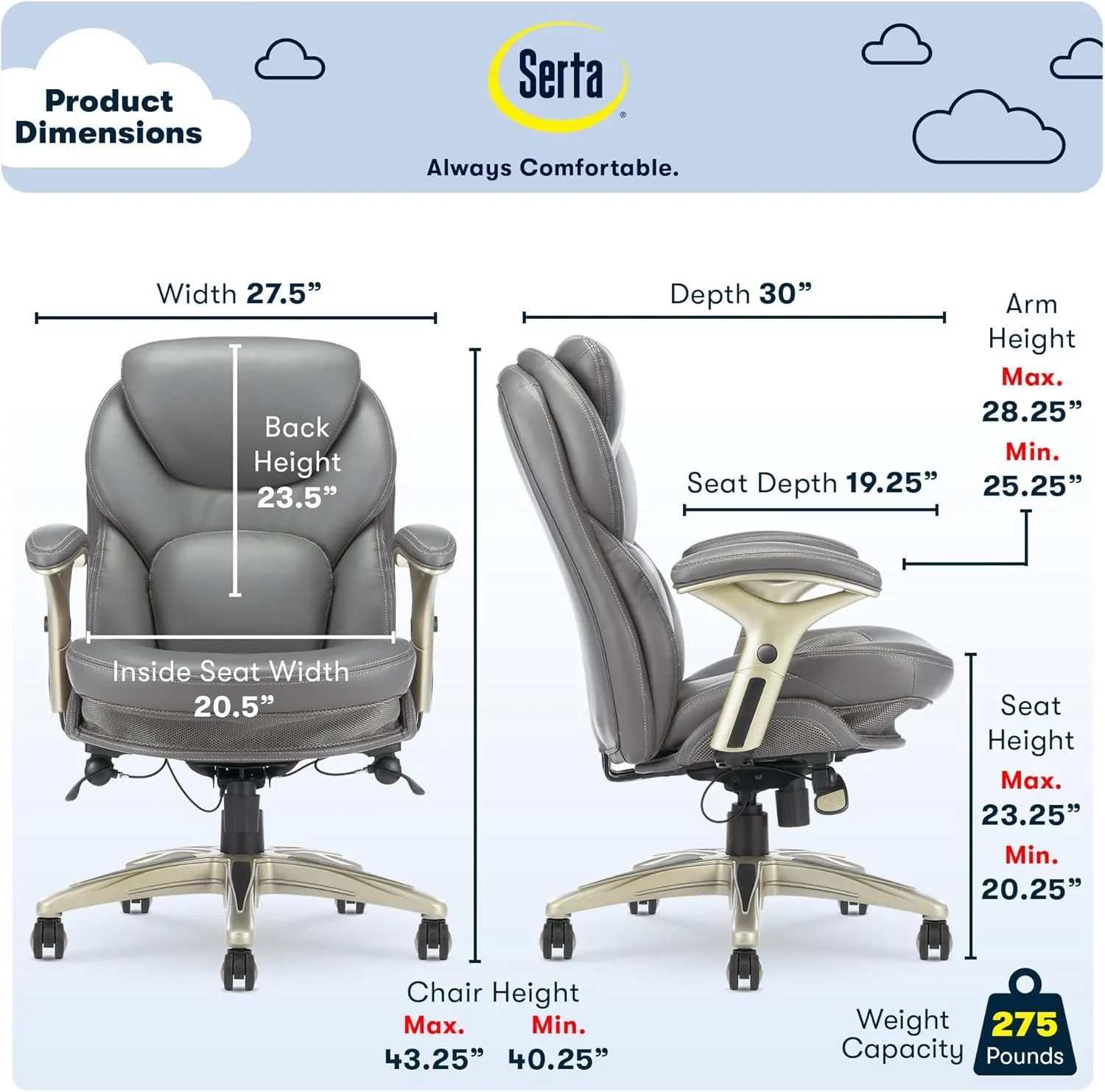 Serta Claremont Ergonomic Executive Office Chair with Back in Motion Technology, Adjustable Mid Back Desk Chair with Lumbar Support, Bonded Leather, Gray