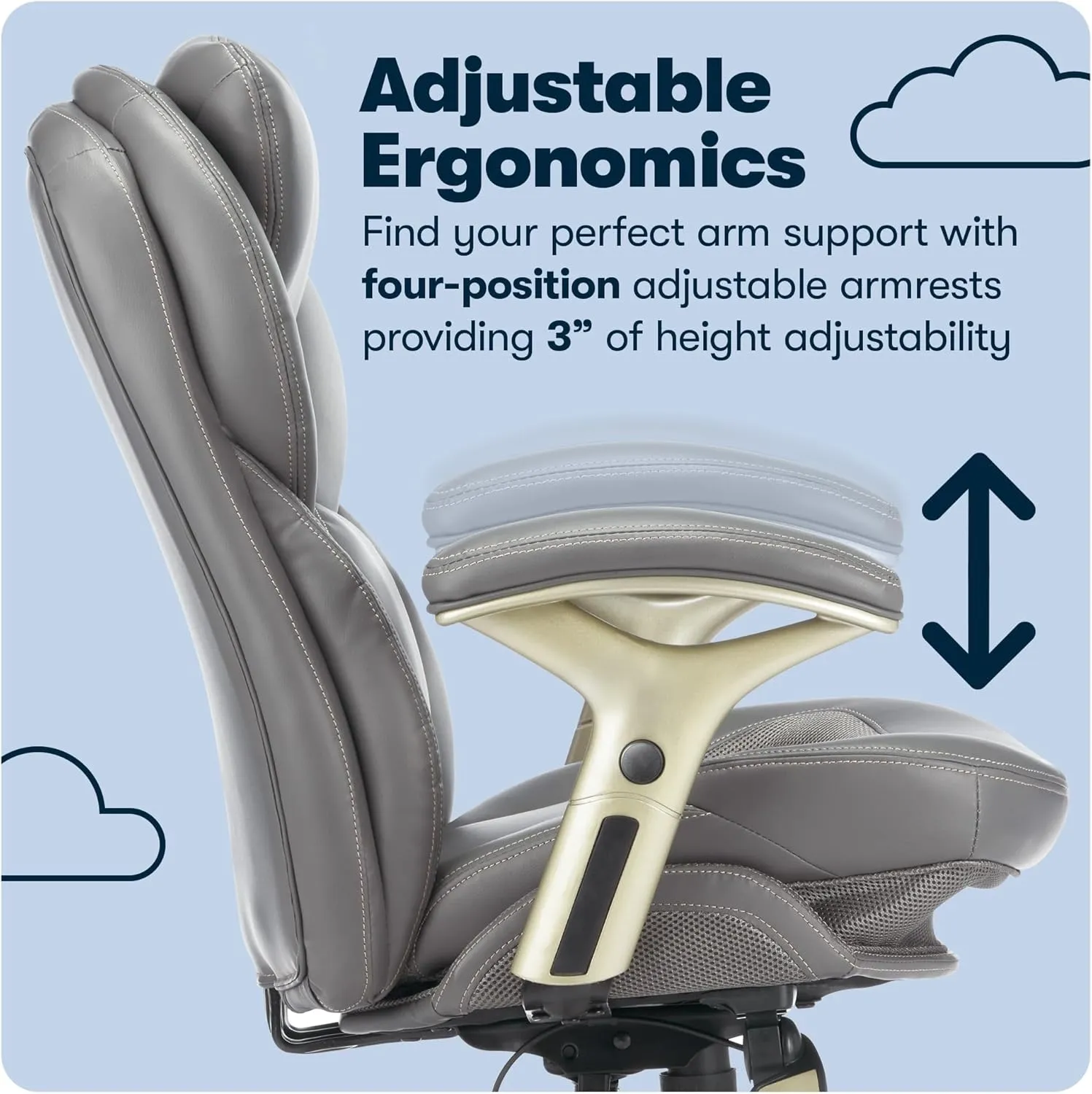Serta Claremont Ergonomic Executive Office Chair with Back in Motion Technology, Adjustable Mid Back Desk Chair with Lumbar Support, Bonded Leather, Gray