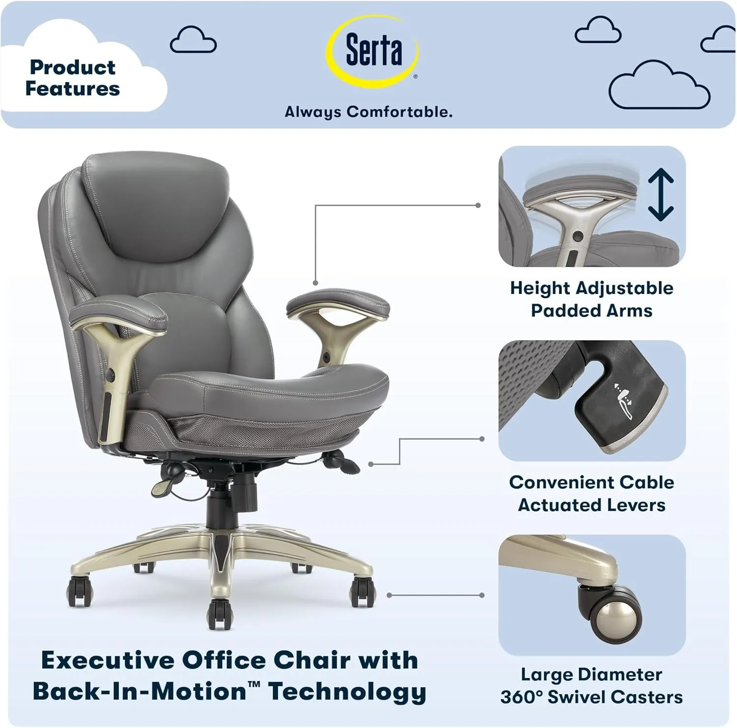 Serta Claremont Ergonomic Executive Office Chair with Back in Motion Technology, Adjustable Mid Back Desk Chair with Lumbar Support, Bonded Leather, Gray