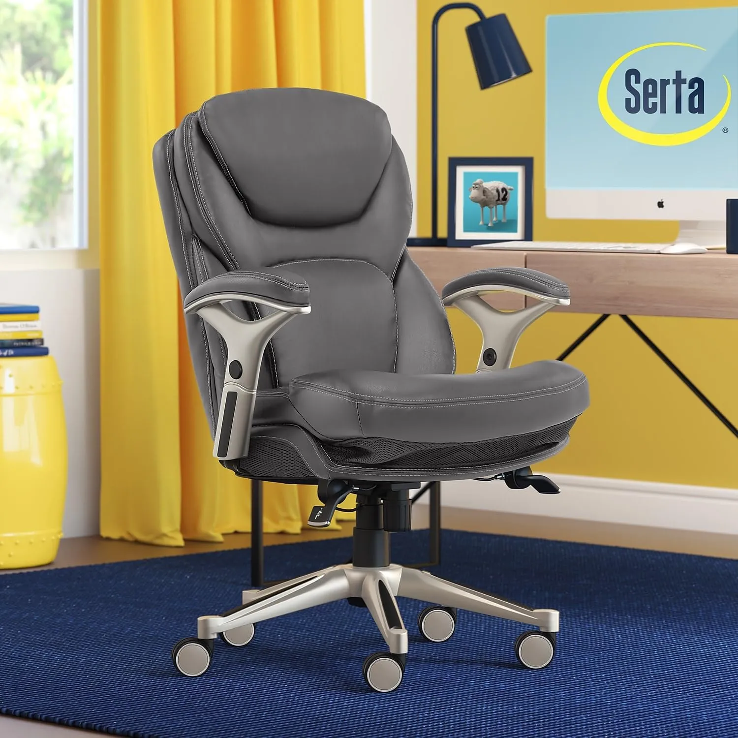 Serta Claremont Ergonomic Executive Office Chair with Back in Motion Technology, Adjustable Mid Back Desk Chair with Lumbar Support, Bonded Leather, Gray
