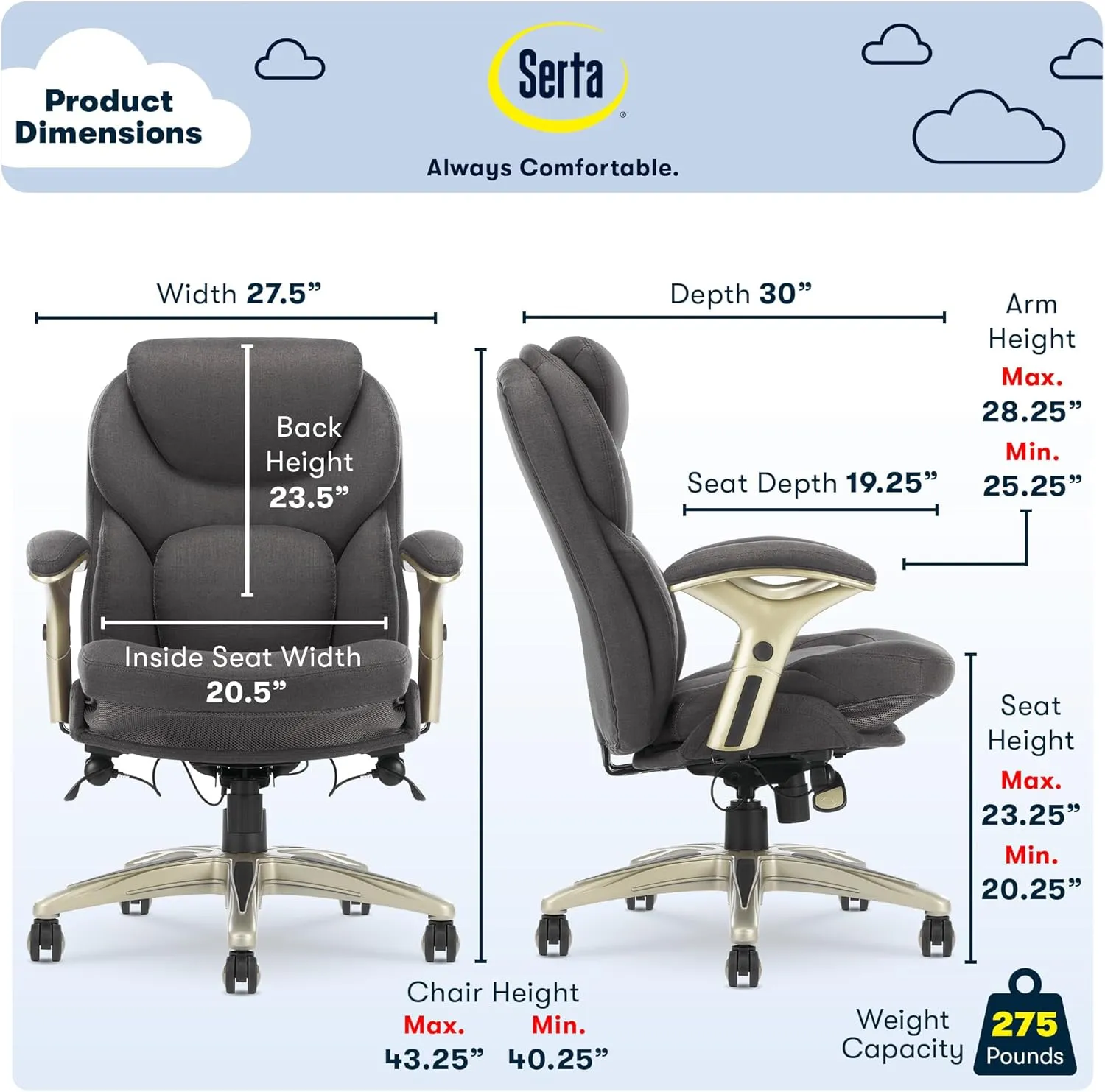 Serta Claremont Ergonomic Executive Office Chair with Back in Motion Technology, Adjustable Mid Back Desk Chair with Lumbar Support, Fabric, Dark Gray