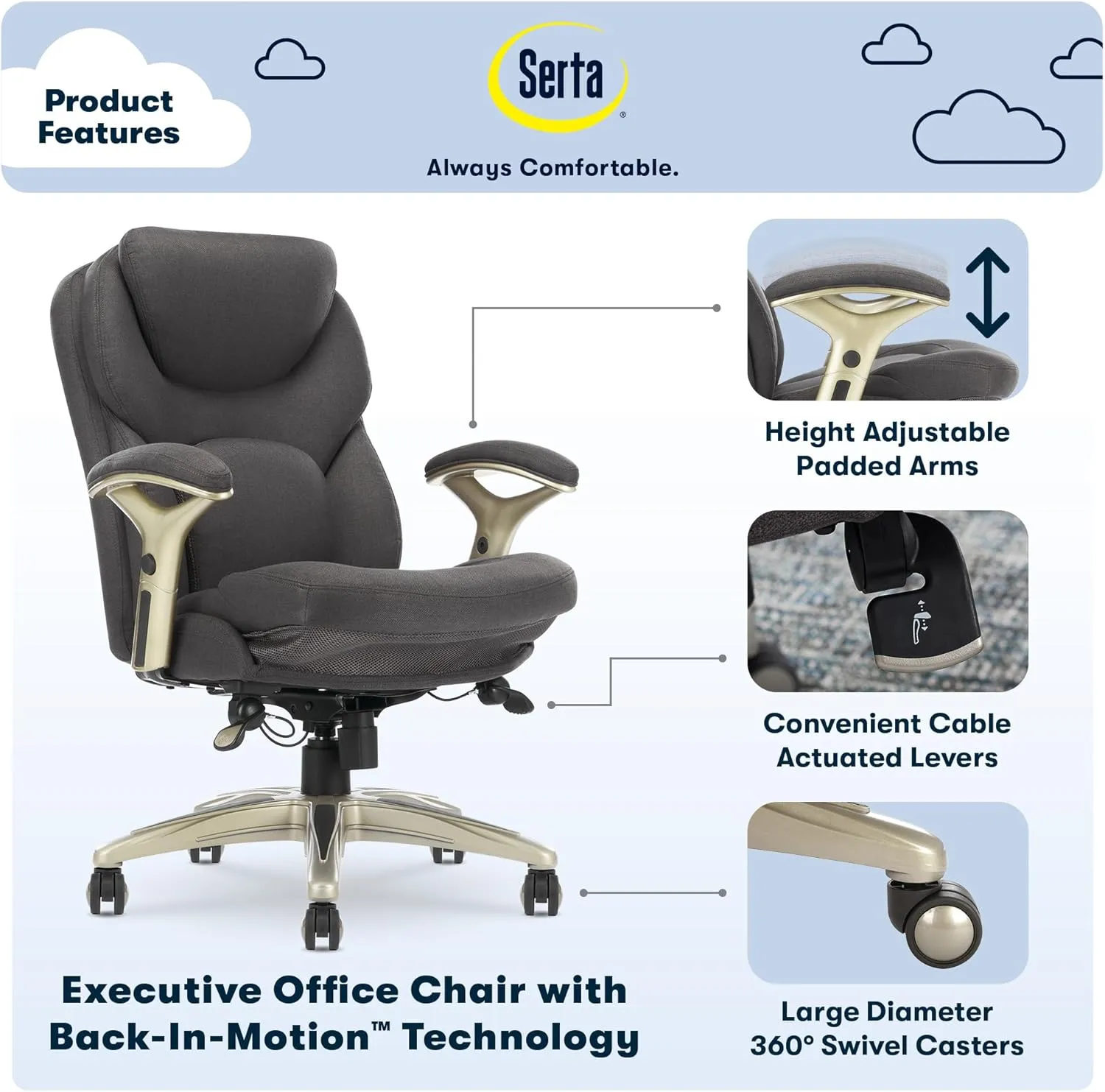 Serta Claremont Ergonomic Executive Office Chair with Back in Motion Technology, Adjustable Mid Back Desk Chair with Lumbar Support, Fabric, Dark Gray