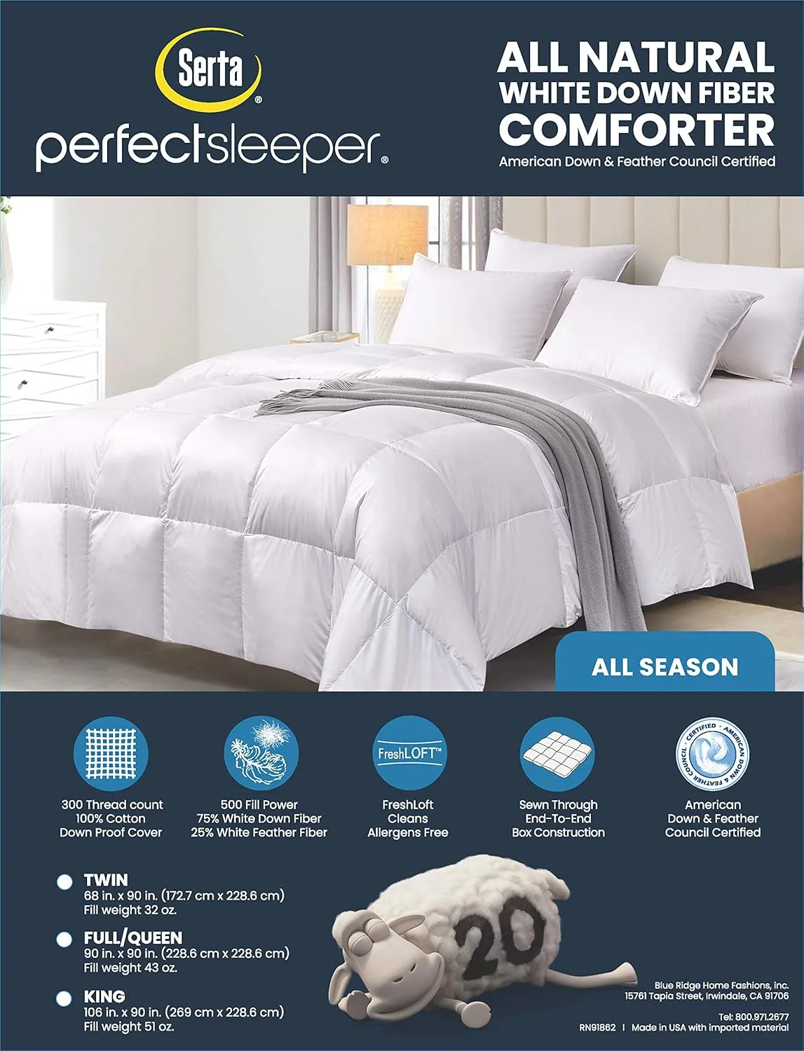 Serta Down Fiber Comforter King Size-All Season Duvet Insert, Luxury Fluffy Bed Comforter 100% Cotton 300 Thread Count Shell, Down Feather Fiber 500 Fill Power with Corner Taps, White 106x90inch