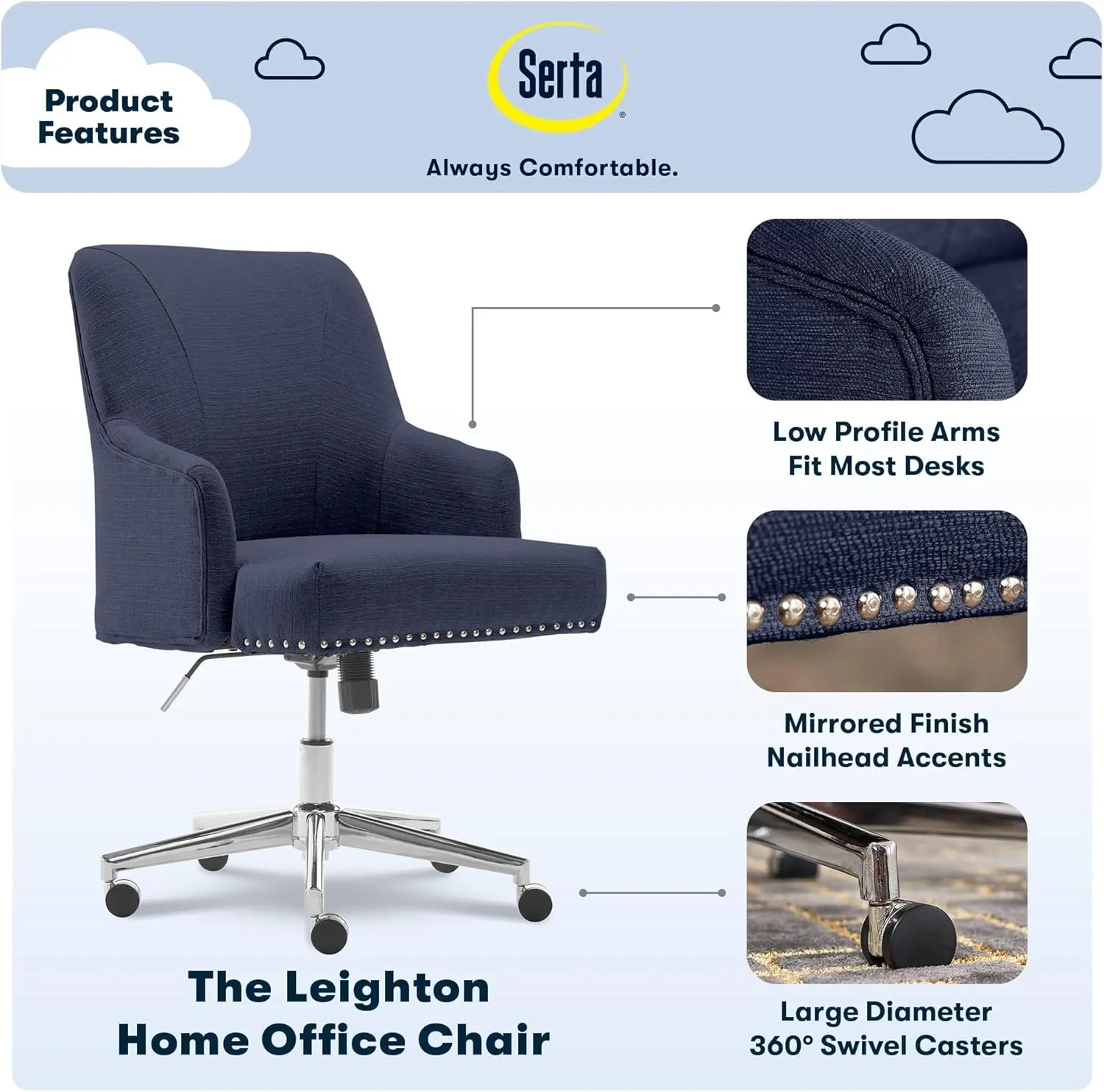 Serta Style Leighton Home Office Chair, Sanctuary Blue Twill Fabric 27.25D x 24W x 38.75H in
