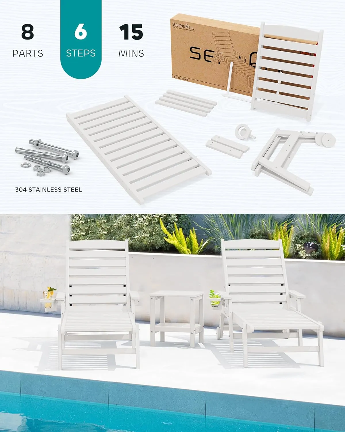 SERWALL Patio Chaise Lounge Chair Set of 2, 78'' Long 5-Positions Adjustable HDPE Outdoor Lounger for Pool, Poly Lounge Chair with Rolling Wheels & Cup Holder for Poolside, Deck, White