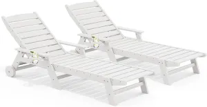 SERWALL Patio Chaise Lounge Chair Set of 2, 78'' Long 5-Positions Adjustable HDPE Outdoor Lounger for Pool, Poly Lounge Chair with Rolling Wheels & Cup Holder for Poolside, Deck, White