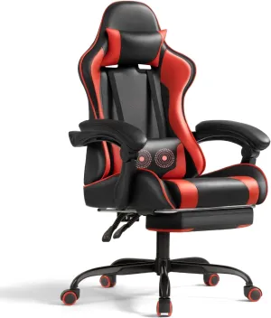 Shahoo Gaming Chair with Footrest and Massage Lumbar Support, Ergonomic Computer Chairs 360°Swivel and Height Adjustable Seat with Headrest for Office or Bedroom, Study Room, Red