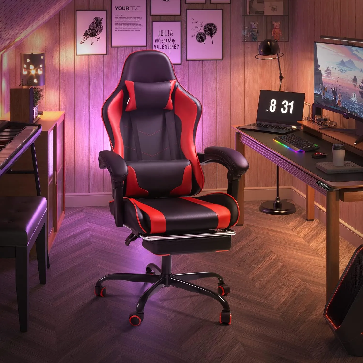Shahoo Gaming Chair with Footrest and Massage Lumbar Support, Ergonomic Computer Chairs 360°Swivel and Height Adjustable Seat with Headrest for Office or Bedroom, Study Room, Red