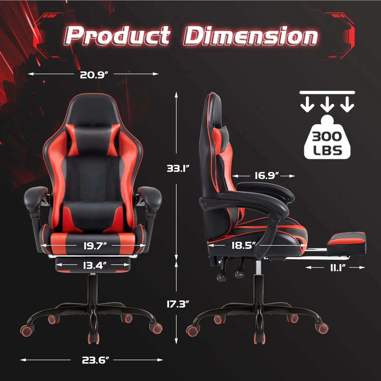 Shahoo Gaming Chair with Footrest and Massage Lumbar Support, Ergonomic Computer Chairs 360°Swivel and Height Adjustable Seat with Headrest for Office or Bedroom, Study Room, Red