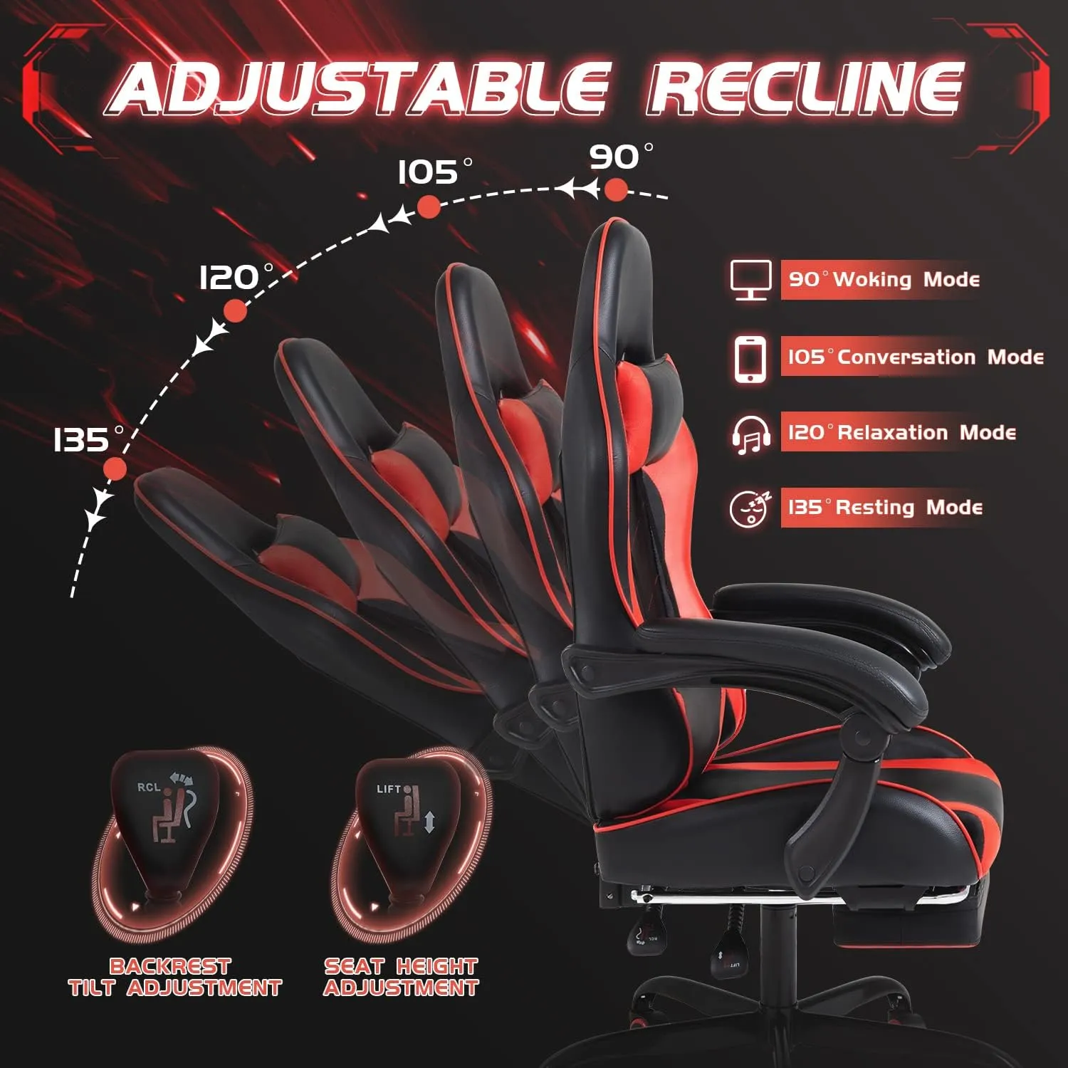 Shahoo Gaming Chair with Footrest and Massage Lumbar Support, Ergonomic Computer Chairs 360°Swivel and Height Adjustable Seat with Headrest for Office or Bedroom, Study Room, Red