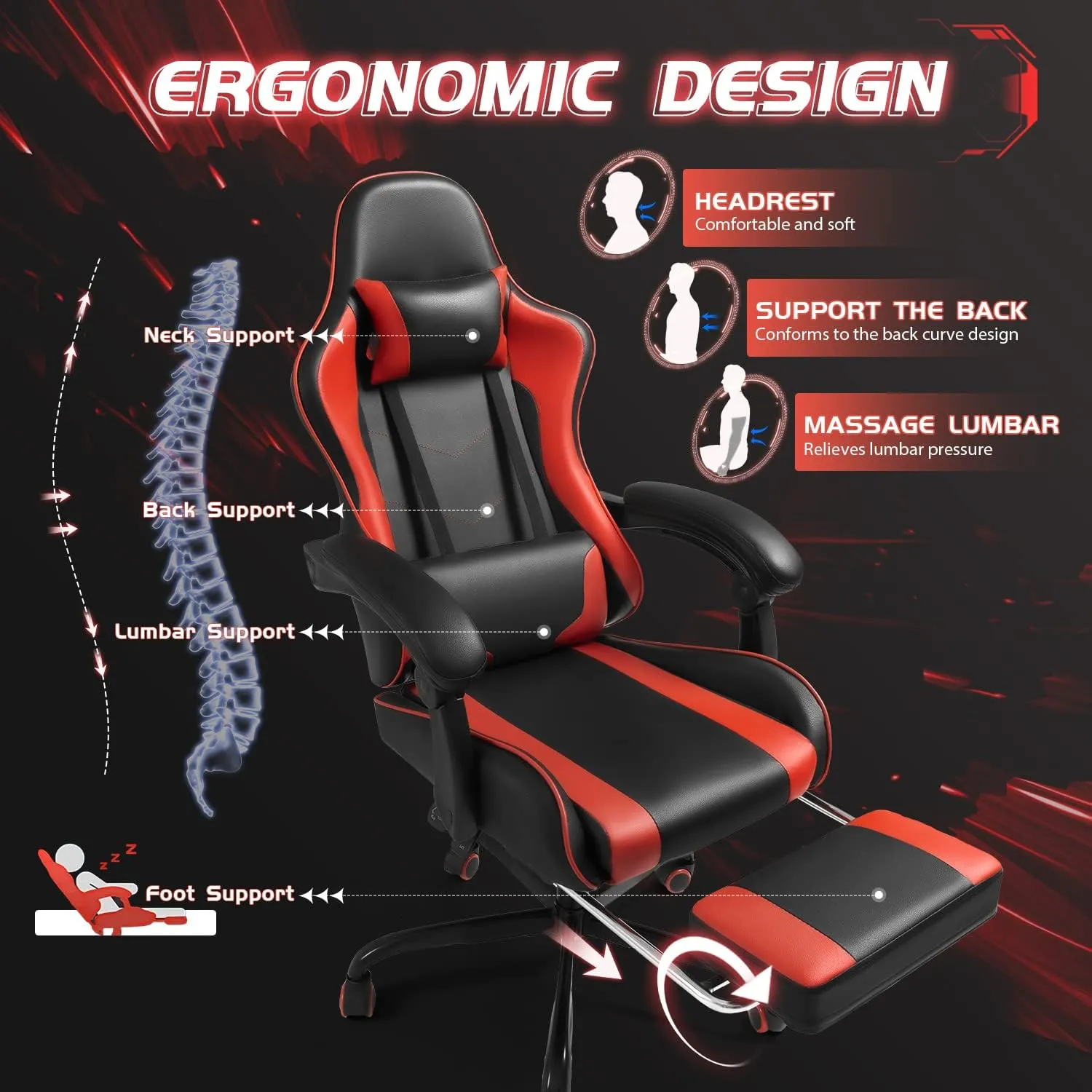 Shahoo Gaming Chair with Footrest and Massage Lumbar Support, Ergonomic Computer Chairs 360°Swivel and Height Adjustable Seat with Headrest for Office or Bedroom, Study Room, Red