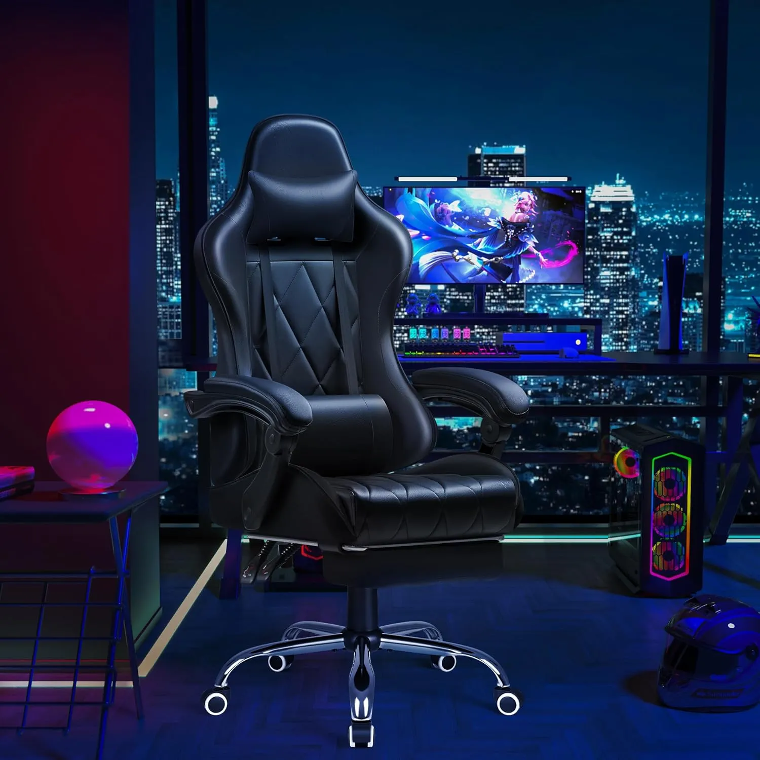 Shahoo Gaming Chair with Footrest and Massage Lumbar Support, Ergonomic Computer Seat Height Adjustable with 360°Swivel and Headrest, Black