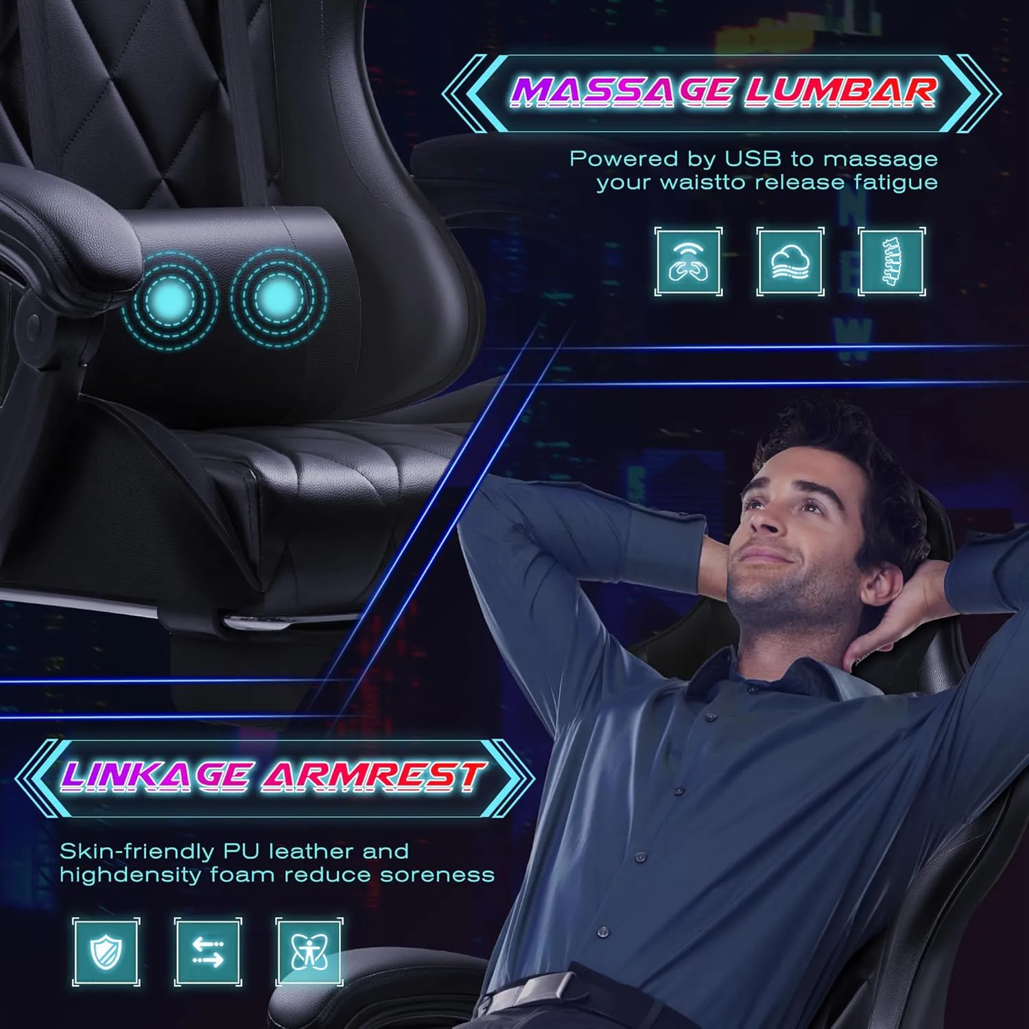 Shahoo Gaming Chair with Footrest and Massage Lumbar Support, Ergonomic Computer Seat Height Adjustable with 360°Swivel and Headrest, Black