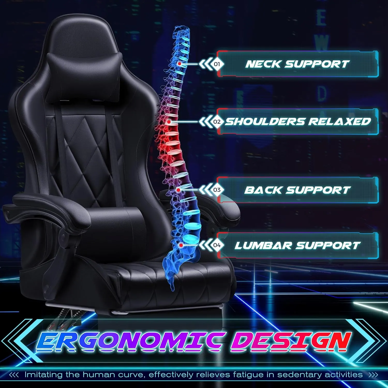 Shahoo Gaming Chair with Footrest and Massage Lumbar Support, Ergonomic Computer Seat Height Adjustable with 360°Swivel and Headrest, Black