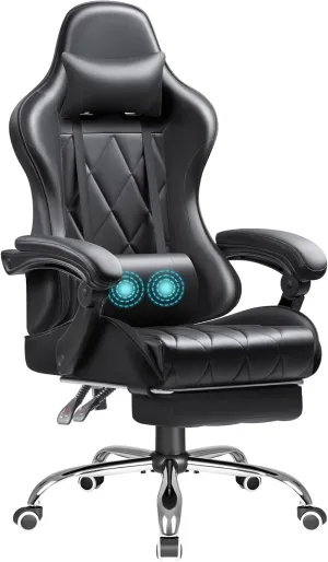 Shahoo Gaming Chair with Footrest and Massage Lumbar Support, Ergonomic Computer Seat Height Adjustable with 360°Swivel and Headrest, Black