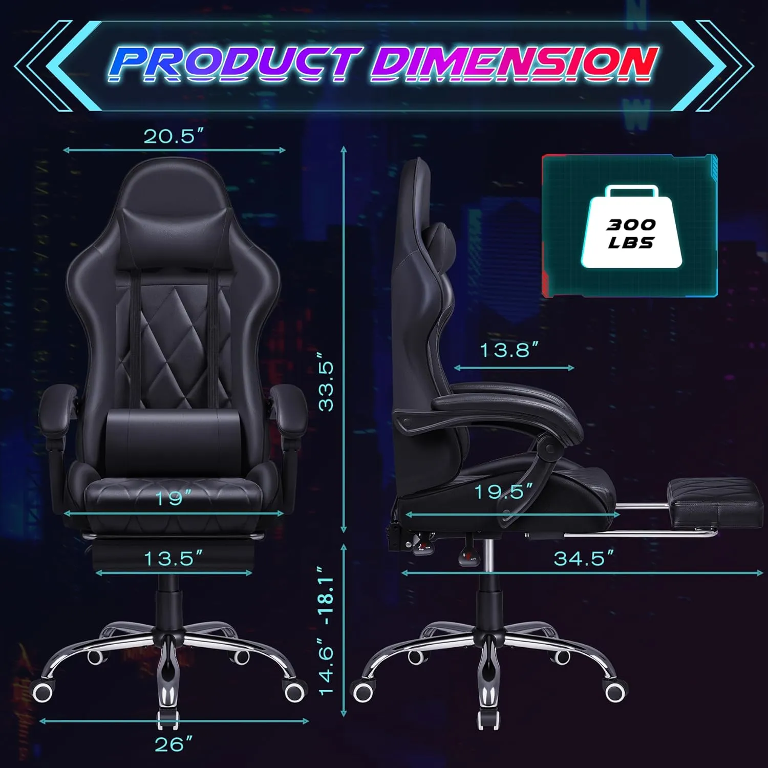 Shahoo Gaming Chair with Footrest and Massage Lumbar Support, Ergonomic Computer Seat Height Adjustable with 360°Swivel and Headrest, Black