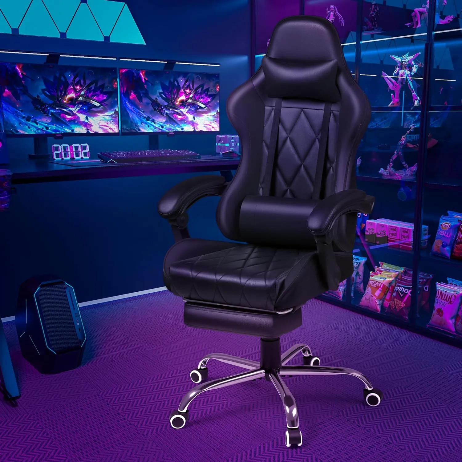 Shahoo Gaming Chair with Footrest and Massage Lumbar Support, Ergonomic Computer Seat Height Adjustable with 360°Swivel and Headrest, Black