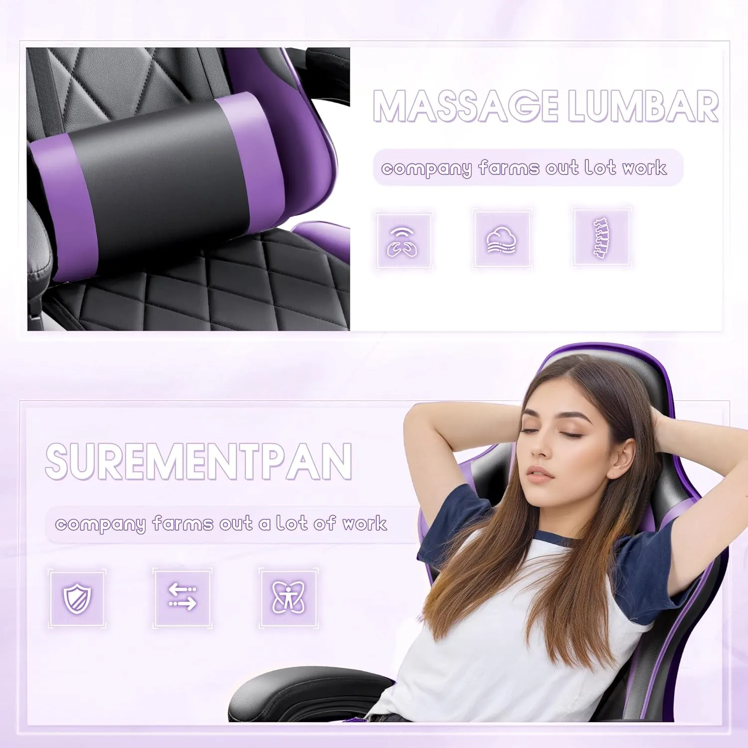 Shahoo Gaming Chair with Footrest and Massage Lumbar Support, Ergonomic Computer Seat Height Adjustable with 360°Swivel and Headrest, Purple