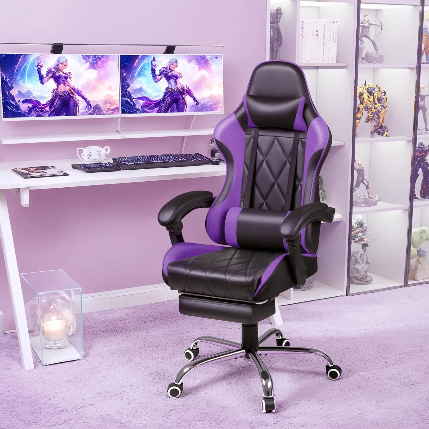 Shahoo Gaming Chair with Footrest and Massage Lumbar Support, Ergonomic Computer Seat Height Adjustable with 360°Swivel and Headrest, Purple