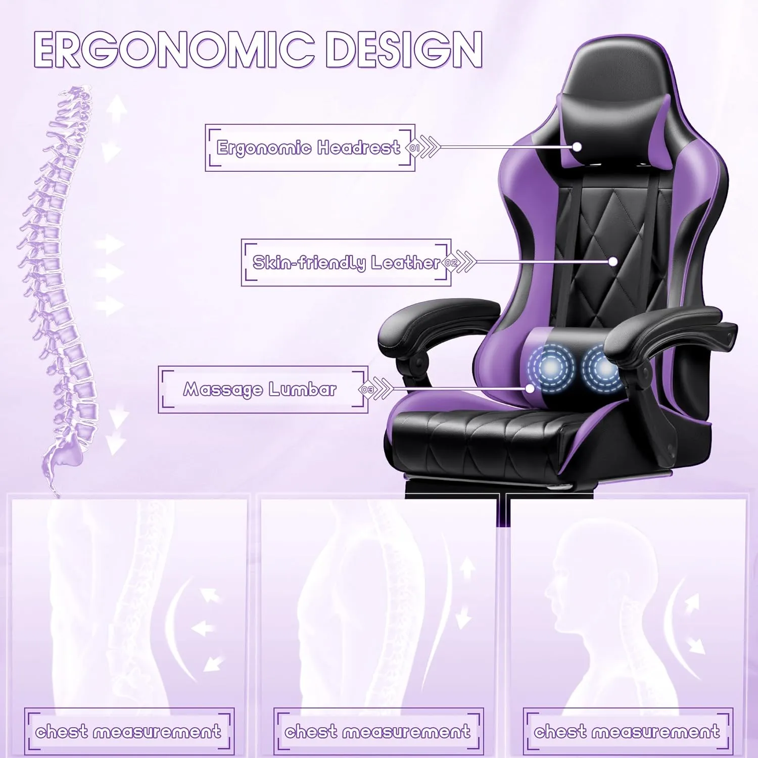 Shahoo Gaming Chair with Footrest and Massage Lumbar Support, Ergonomic Computer Seat Height Adjustable with 360°Swivel and Headrest, Purple