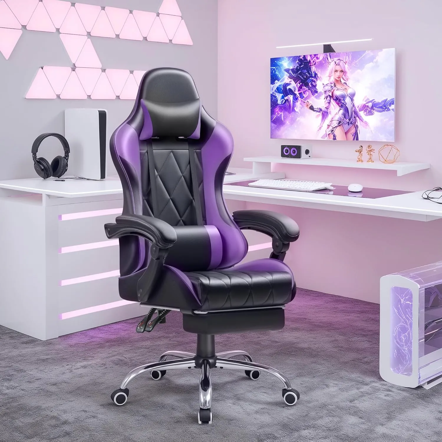 Shahoo Gaming Chair with Footrest and Massage Lumbar Support, Ergonomic Computer Seat Height Adjustable with 360°Swivel and Headrest, Purple