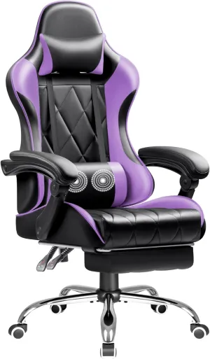 Shahoo Gaming Chair with Footrest and Massage Lumbar Support, Ergonomic Computer Seat Height Adjustable with 360°Swivel and Headrest, Purple