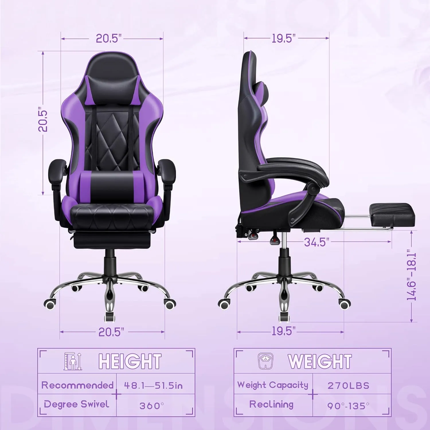 Shahoo Gaming Chair with Footrest and Massage Lumbar Support, Ergonomic Computer Seat Height Adjustable with 360°Swivel and Headrest, Purple