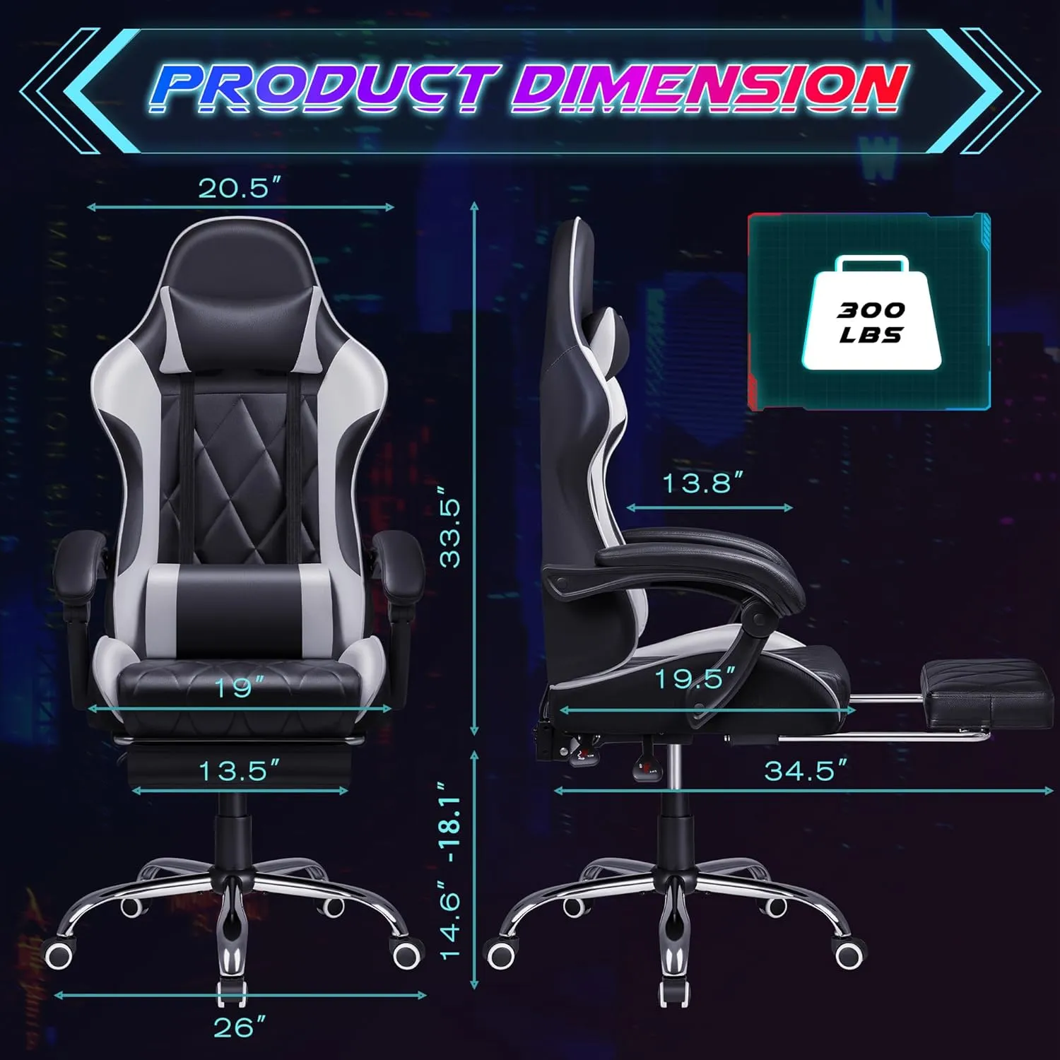 Shahoo Gaming Chair with Footrest and Massage Lumbar Support, Ergonomic Computer Seat Height Adjustable with 360°Swivel and Headrest, White