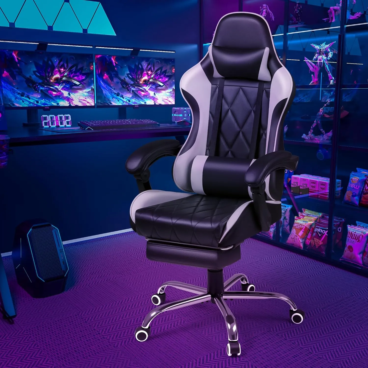 Shahoo Gaming Chair with Footrest and Massage Lumbar Support, Ergonomic Computer Seat Height Adjustable with 360°Swivel and Headrest, White