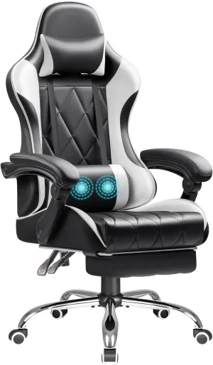 Shahoo Gaming Chair with Footrest and Massage Lumbar Support, Ergonomic Computer Seat Height Adjustable with 360°Swivel and Headrest, White