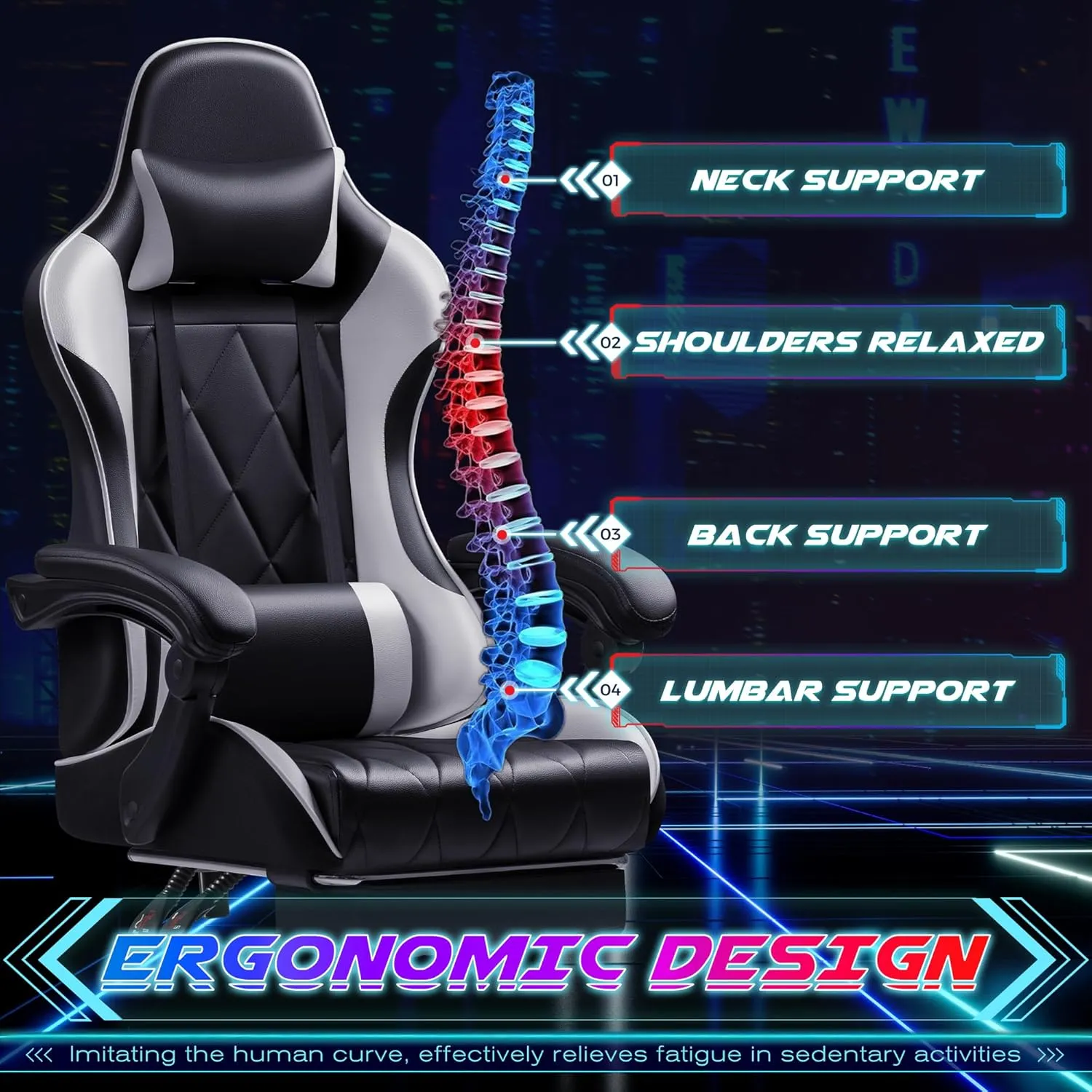 Shahoo Gaming Chair with Footrest and Massage Lumbar Support, Ergonomic Computer Seat Height Adjustable with 360°Swivel and Headrest, White