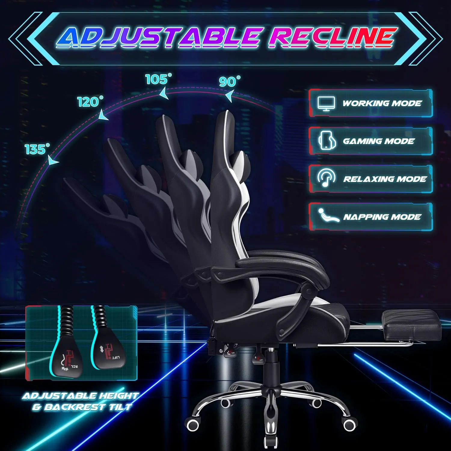 Shahoo Gaming Chair with Footrest and Massage Lumbar Support, Ergonomic Computer Seat Height Adjustable with 360°Swivel and Headrest, White