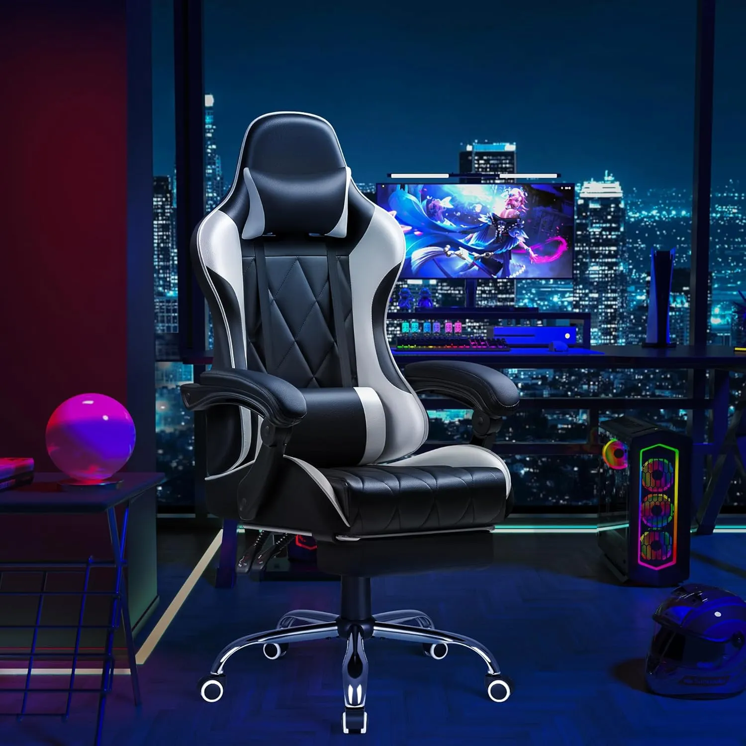 Shahoo Gaming Chair with Footrest and Massage Lumbar Support, Ergonomic Computer Seat Height Adjustable with 360°Swivel and Headrest, White
