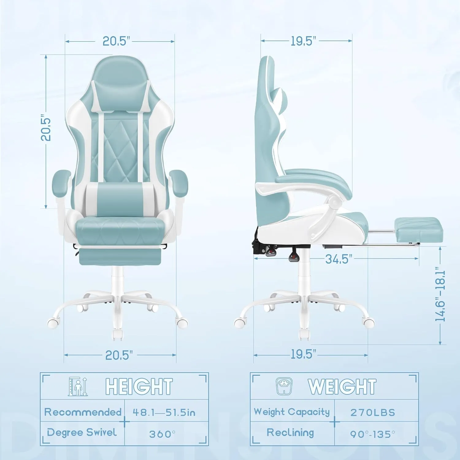 Shahoo Gaming Chair with Footrest and Massage Lumbar Support, Ergonomic Office Computer Seat Height Adjustable with Headrest, Light Blue