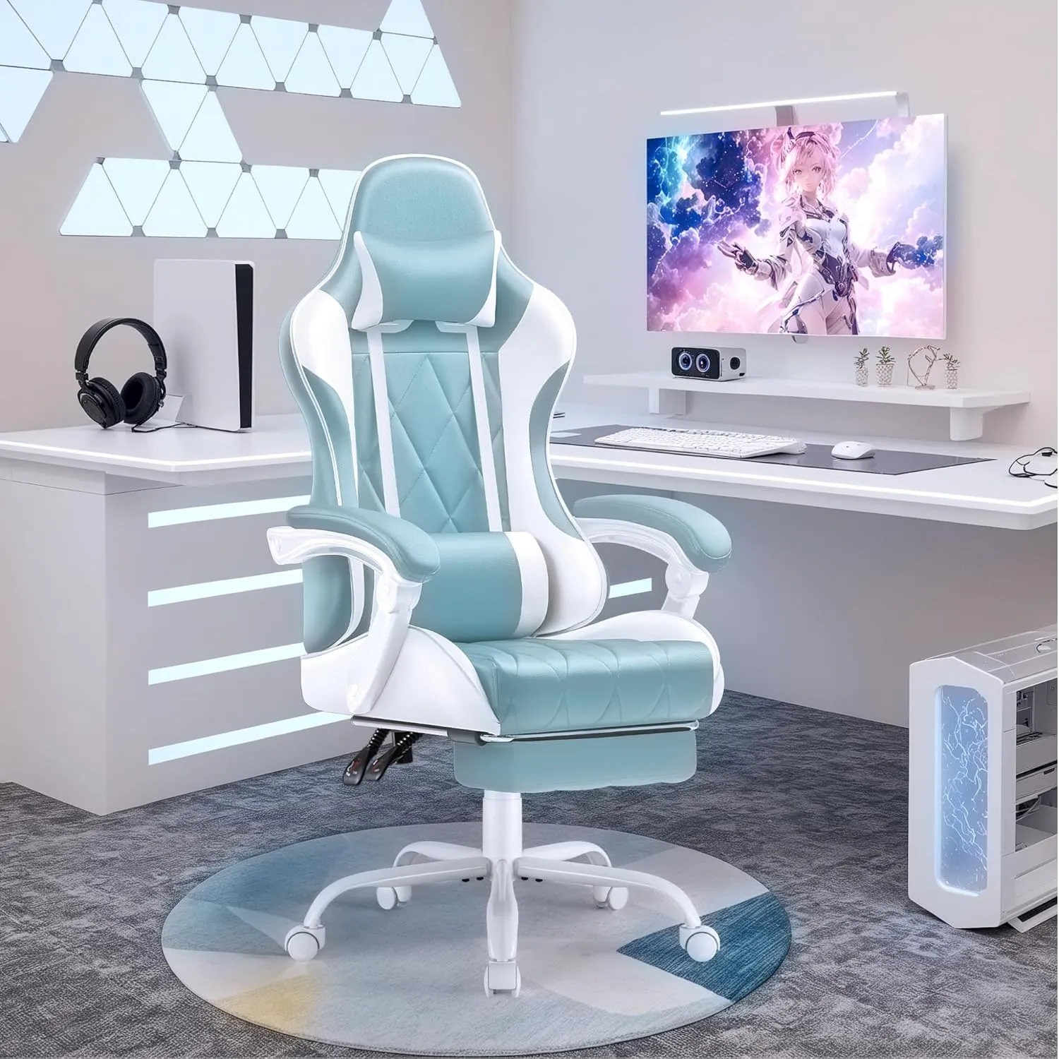 Shahoo Gaming Chair with Footrest and Massage Lumbar Support, Ergonomic Office Computer Seat Height Adjustable with Headrest, Light Blue