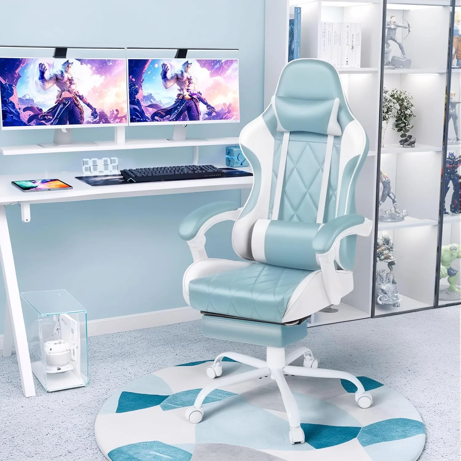 Shahoo Gaming Chair with Footrest and Massage Lumbar Support, Ergonomic Office Computer Seat Height Adjustable with Headrest, Light Blue