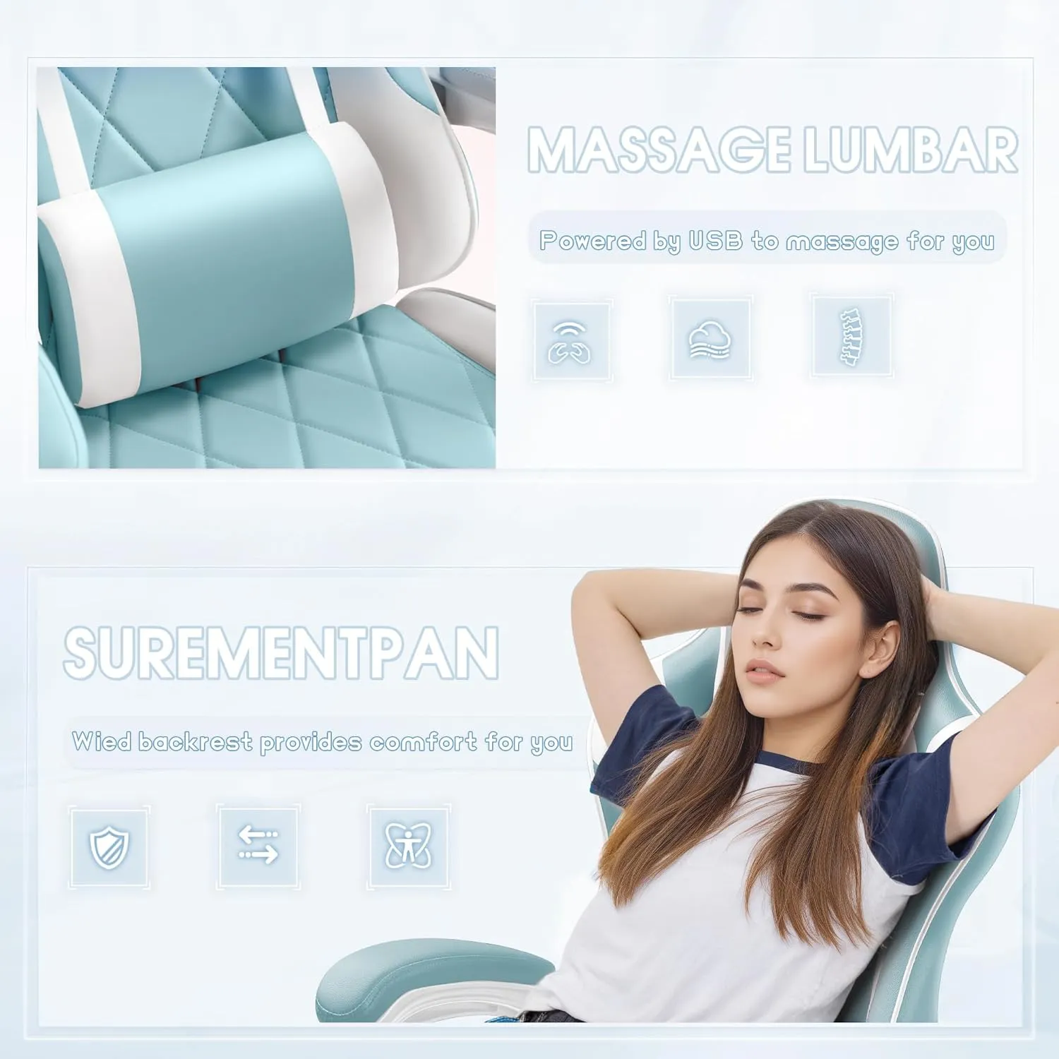 Shahoo Gaming Chair with Footrest and Massage Lumbar Support, Ergonomic Office Computer Seat Height Adjustable with Headrest, Light Blue