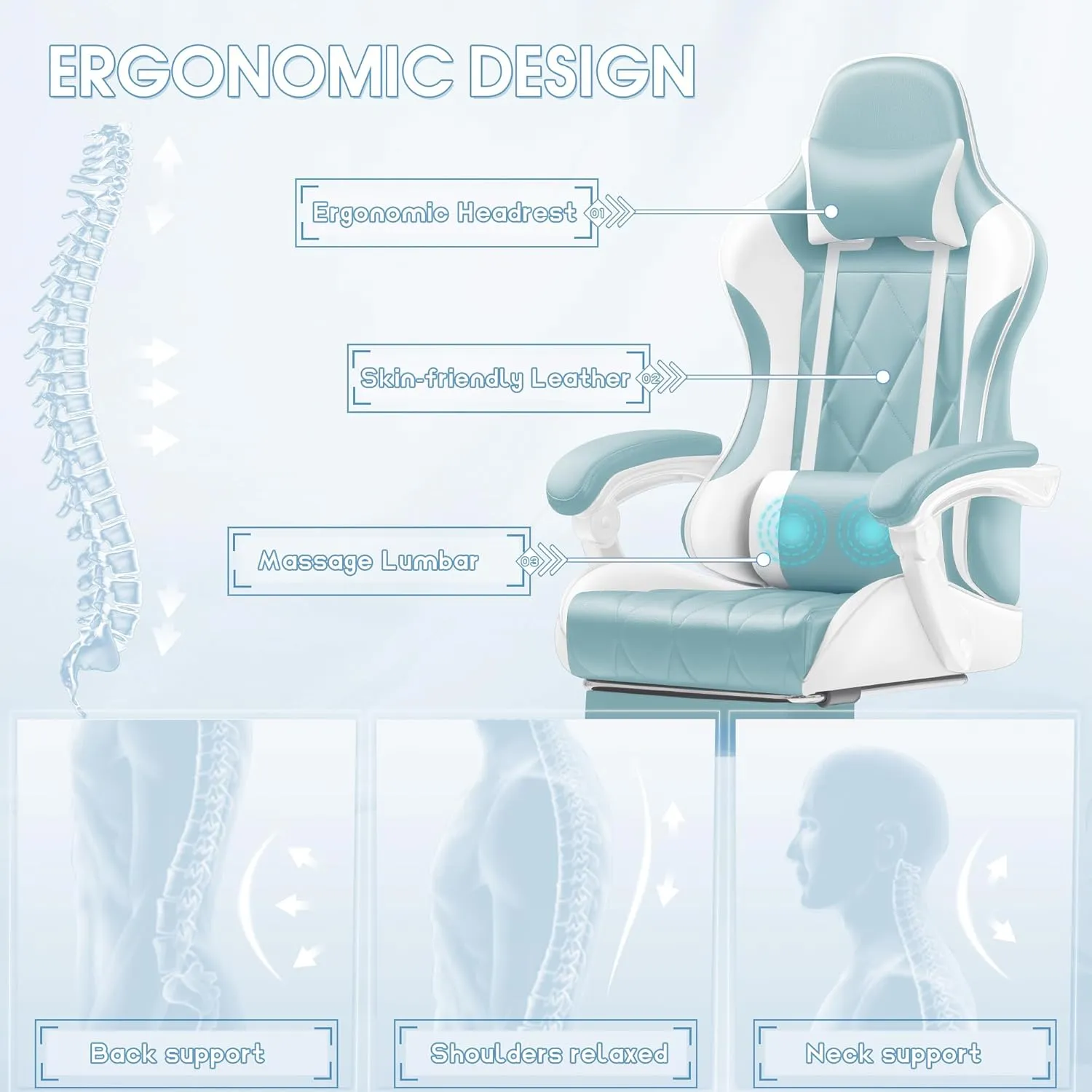 Shahoo Gaming Chair with Footrest and Massage Lumbar Support, Ergonomic Office Computer Seat Height Adjustable with Headrest, Light Blue