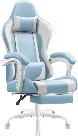 Shahoo Gaming Chair with Footrest and Massage Lumbar Support, Video Game Chairs 360°Swivel and Height Adjustable Seat with Headrest for Office or Bedroom, Study Room, Light Blue