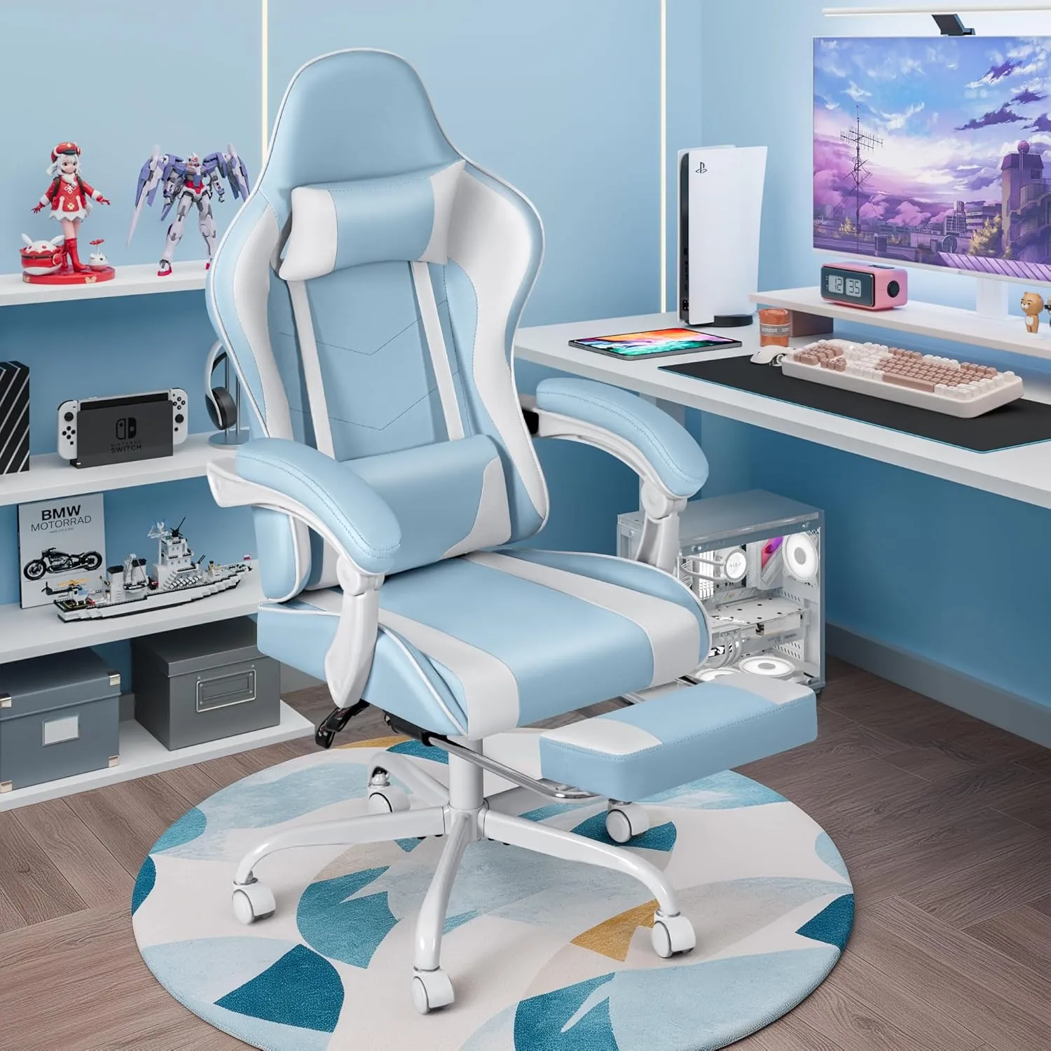 Shahoo Gaming Chair with Footrest and Massage Lumbar Support, Video Game Chairs 360°Swivel and Height Adjustable Seat with Headrest for Office or Bedroom, Study Room, Light Blue