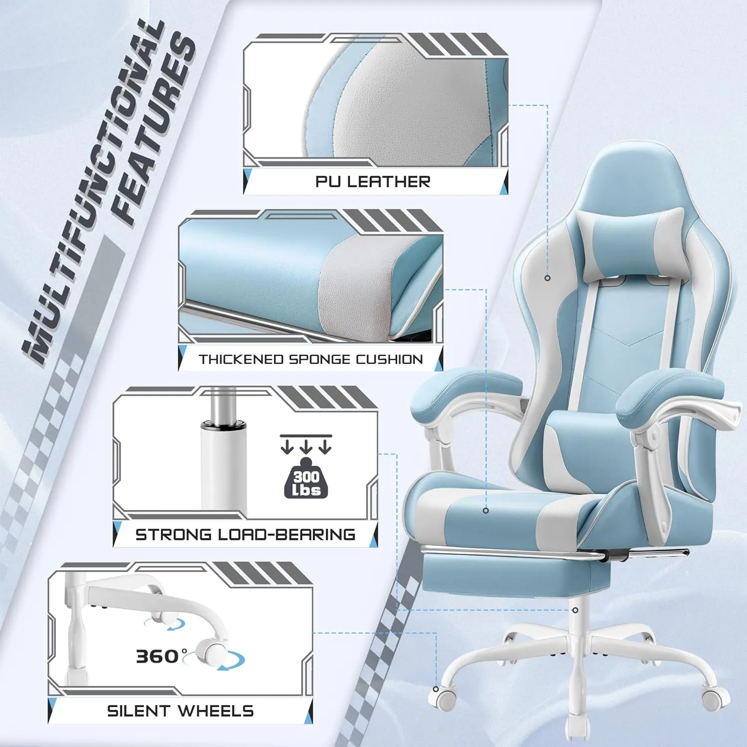 Shahoo Gaming Chair with Footrest and Massage Lumbar Support, Video Game Chairs 360°Swivel and Height Adjustable Seat with Headrest for Office or Bedroom, Study Room, Light Blue