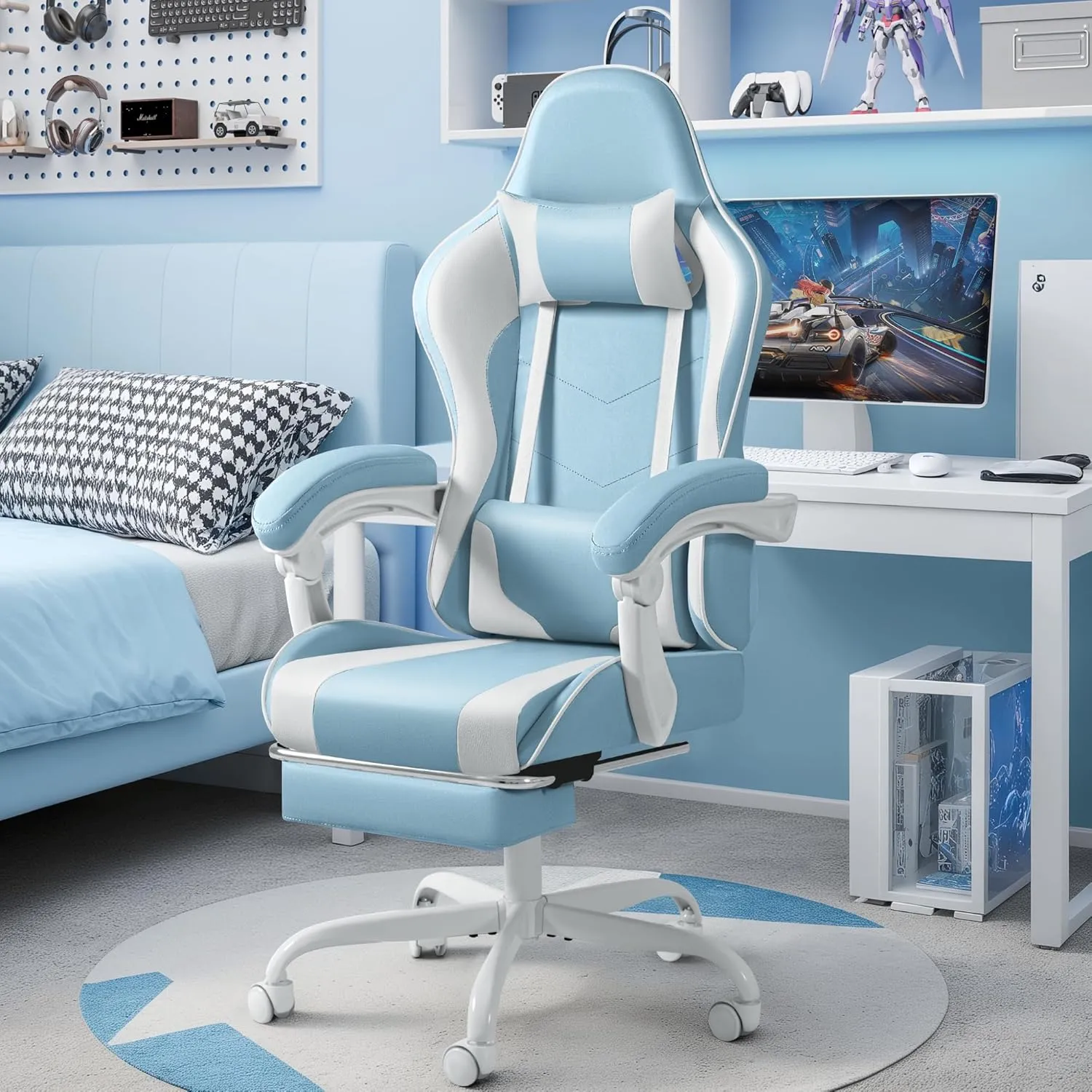 Shahoo Gaming Chair with Footrest and Massage Lumbar Support, Video Game Chairs 360°Swivel and Height Adjustable Seat with Headrest for Office or Bedroom, Study Room, Light Blue