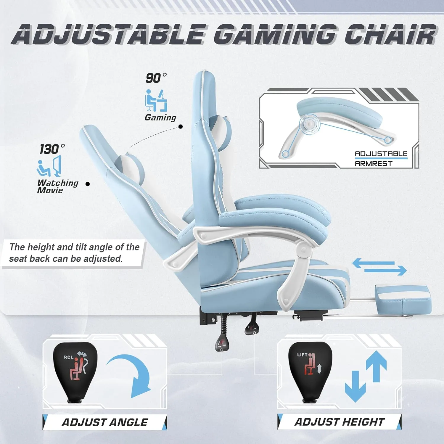 Shahoo Gaming Chair with Footrest and Massage Lumbar Support, Video Game Chairs 360°Swivel and Height Adjustable Seat with Headrest for Office or Bedroom, Study Room, Light Blue