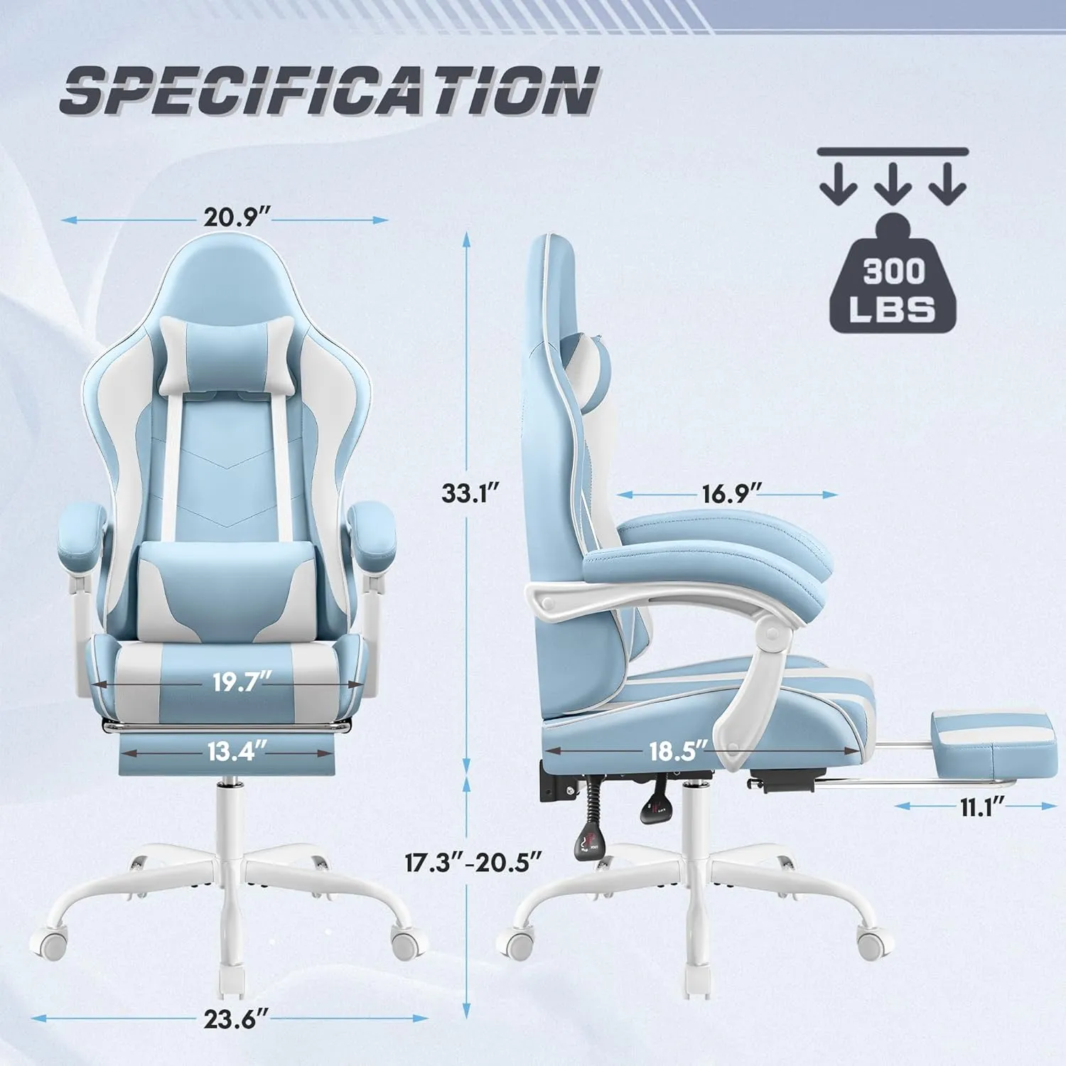Shahoo Gaming Chair with Footrest and Massage Lumbar Support, Video Game Chairs 360°Swivel and Height Adjustable Seat with Headrest for Office or Bedroom, Study Room, Light Blue
