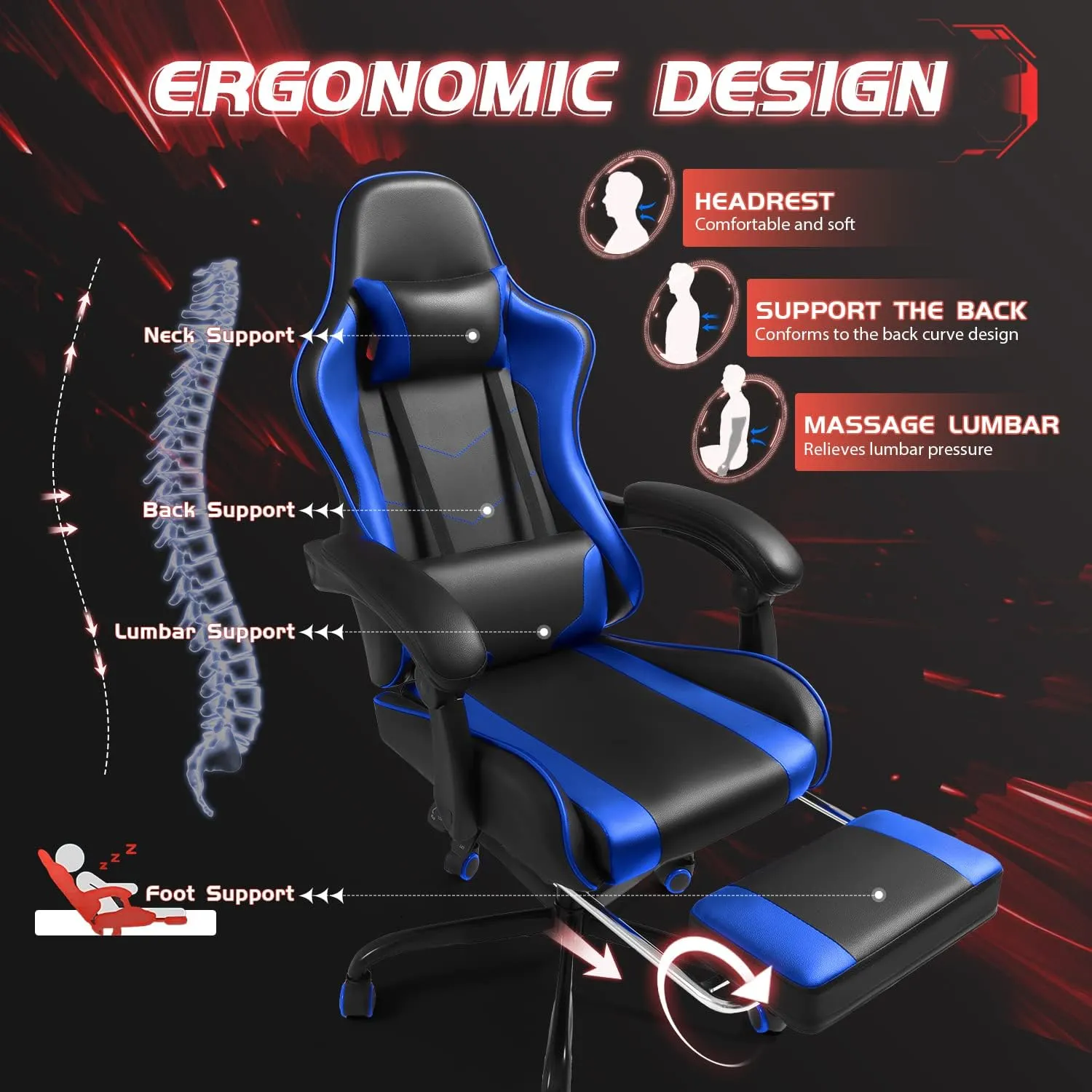 Shahoo Gaming Chair with Footrest and Massage Lumbar Support, Video Game Chairs Height Adjustable Seat with Headrest for Office or Bedroom, Study Room, Blue