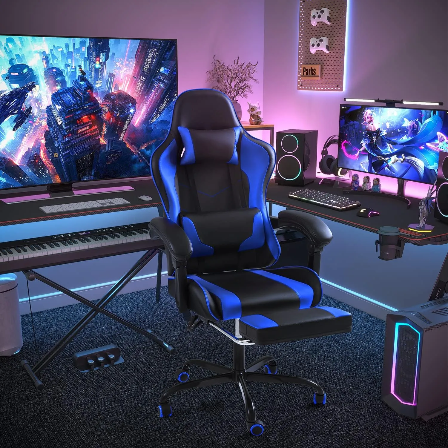 Shahoo Gaming Chair with Footrest and Massage Lumbar Support, Video Game Chairs Height Adjustable Seat with Headrest for Office or Bedroom, Study Room, Blue