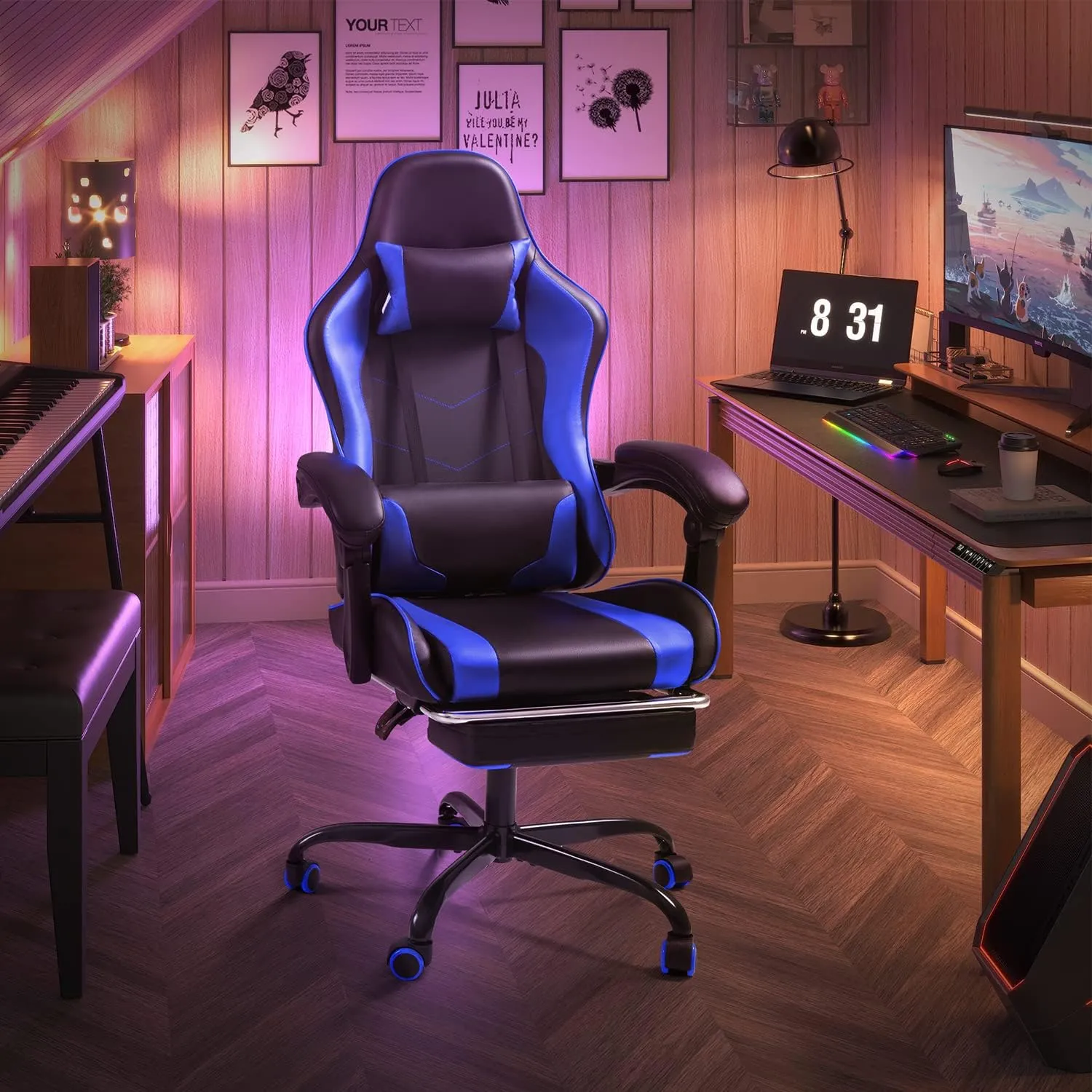 Shahoo Gaming Chair with Footrest and Massage Lumbar Support, Video Game Chairs Height Adjustable Seat with Headrest for Office or Bedroom, Study Room, Blue