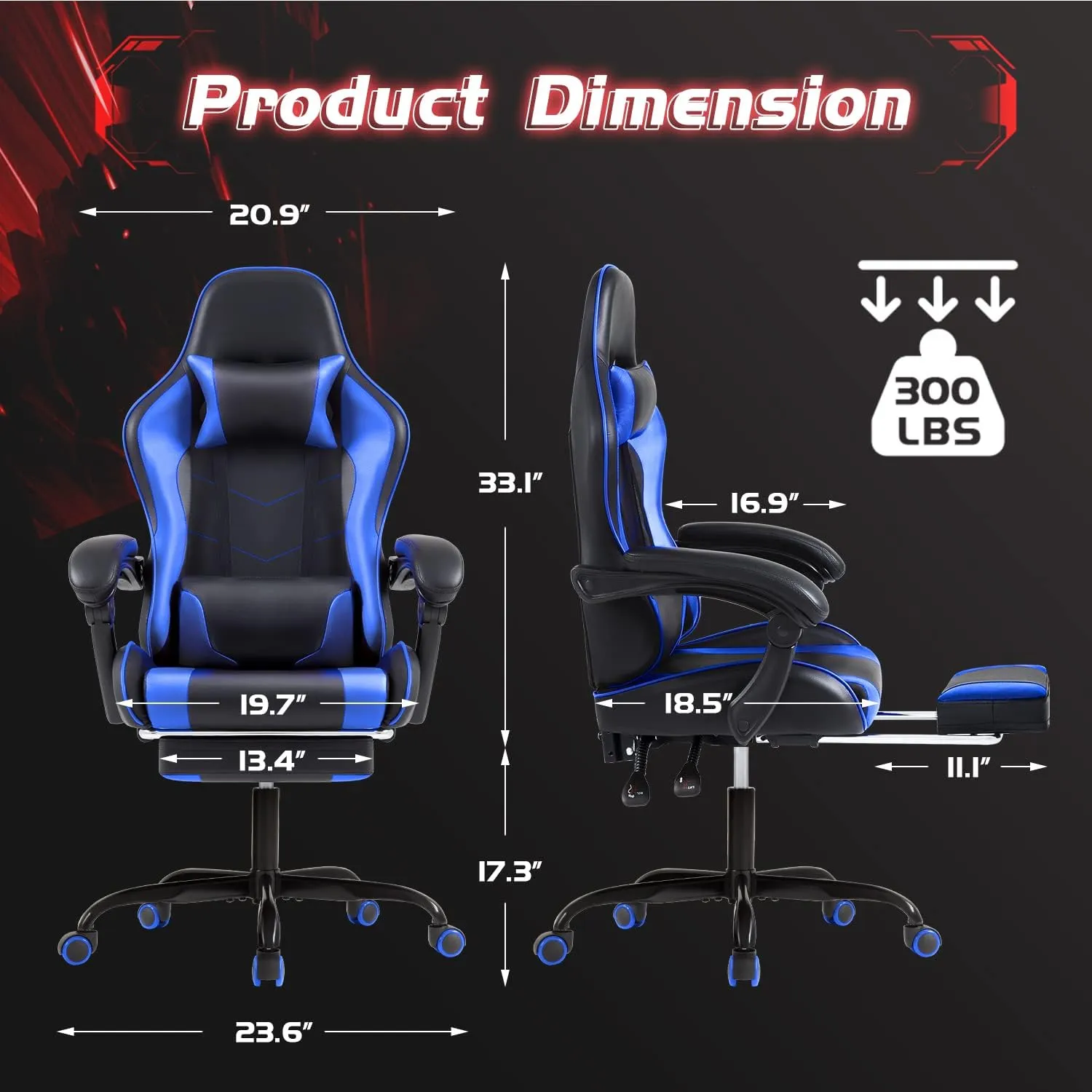 Shahoo Gaming Chair with Footrest and Massage Lumbar Support, Video Game Chairs Height Adjustable Seat with Headrest for Office or Bedroom, Study Room, Blue