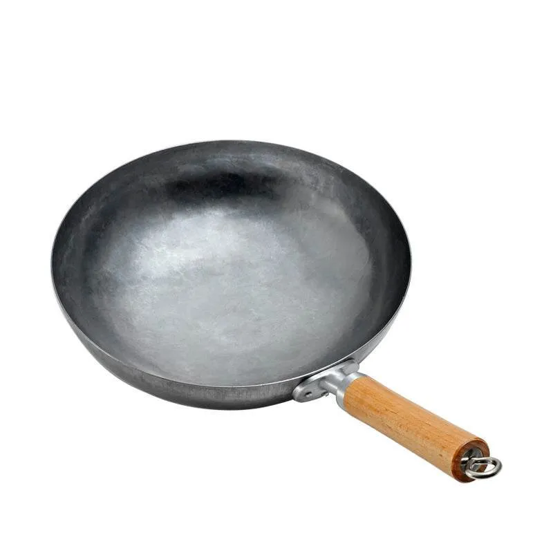 Silver White Handmade Iron Pan Old-fashioned Iron Pan Household Lightweight Carbon Steel Wok Uncoated Non-stick Pan