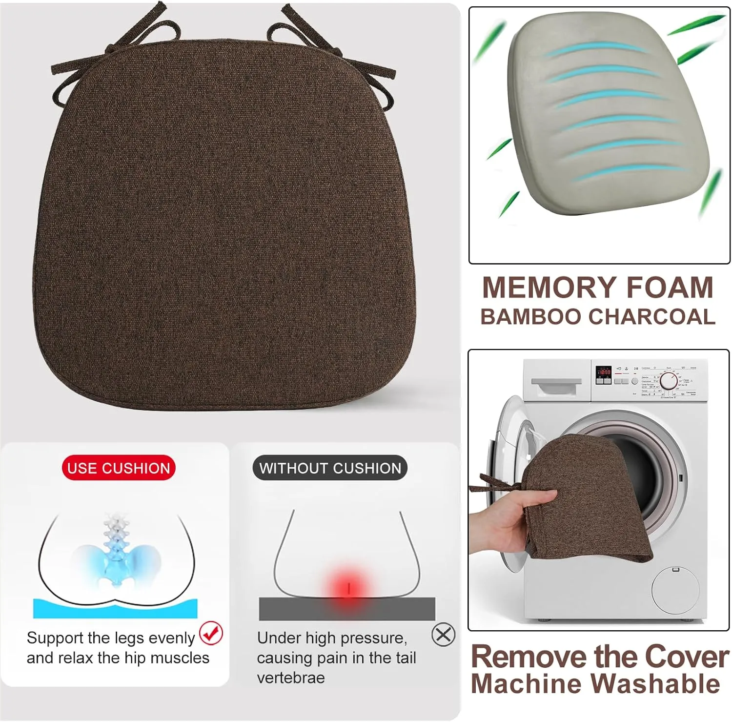 SINOSSO 1 Pack Memory Foam Chair Cushions for Dining Chair, Friendly Woven Fabric 16" U-Shape Comfortable Kitchen Chair Pad, Removable Slip Resistant Seat Cushion (1 Piece, Dark Brown)